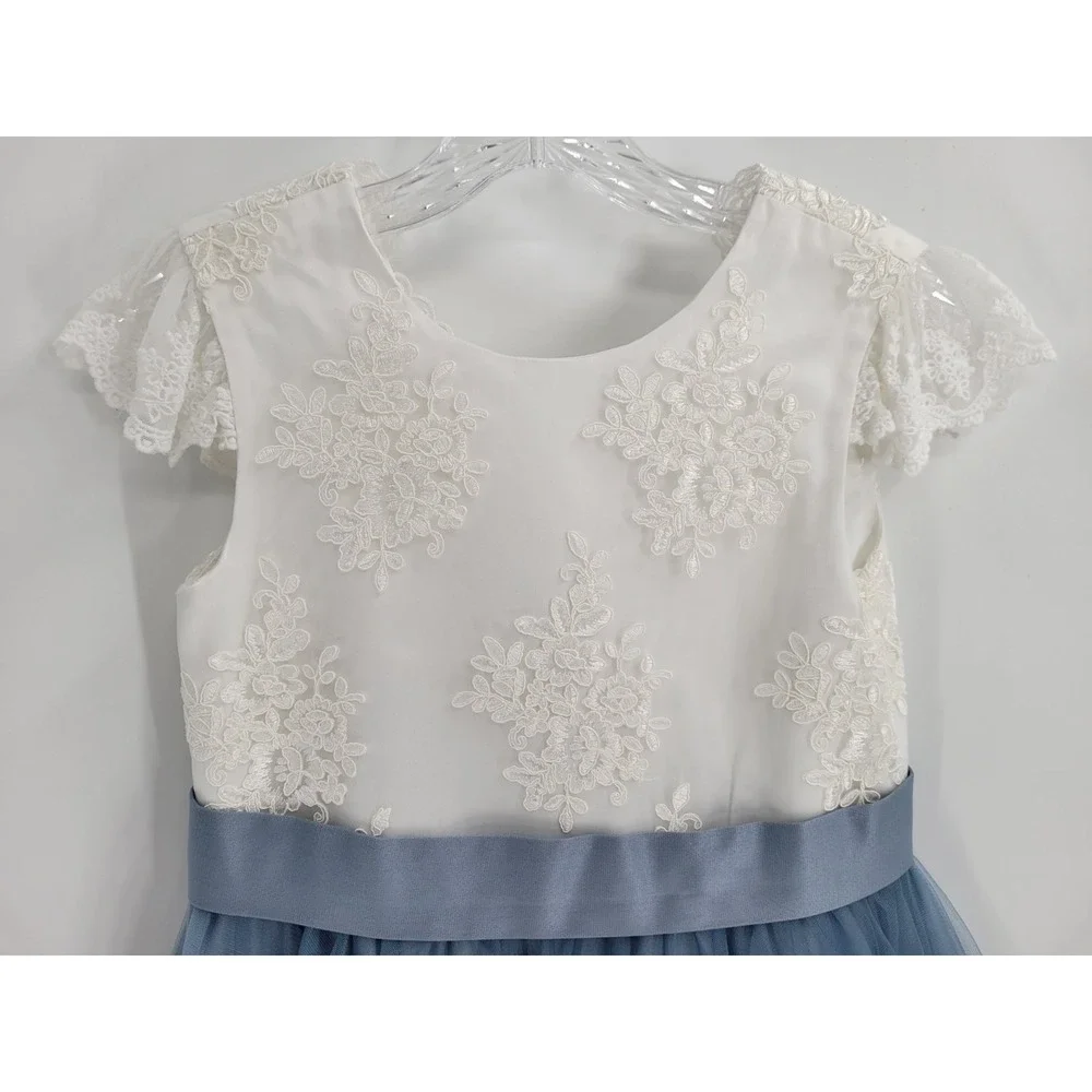 JJ's HOUSE GIRLS DUSTY BLUE FLOWER GIRL/BRIDESMAID TULLE EMBROIDERED DRESS SZ 12